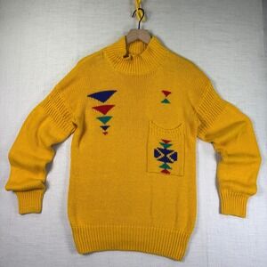 VTG I. Magnin Womens S Sweater Yellow Geometric Knit Mock Neck Cottagecore 1980s